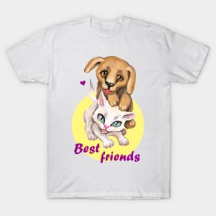 Cute small cat and dog. Sweet little baby pets. Kitten and puppy friends. T-Shirt